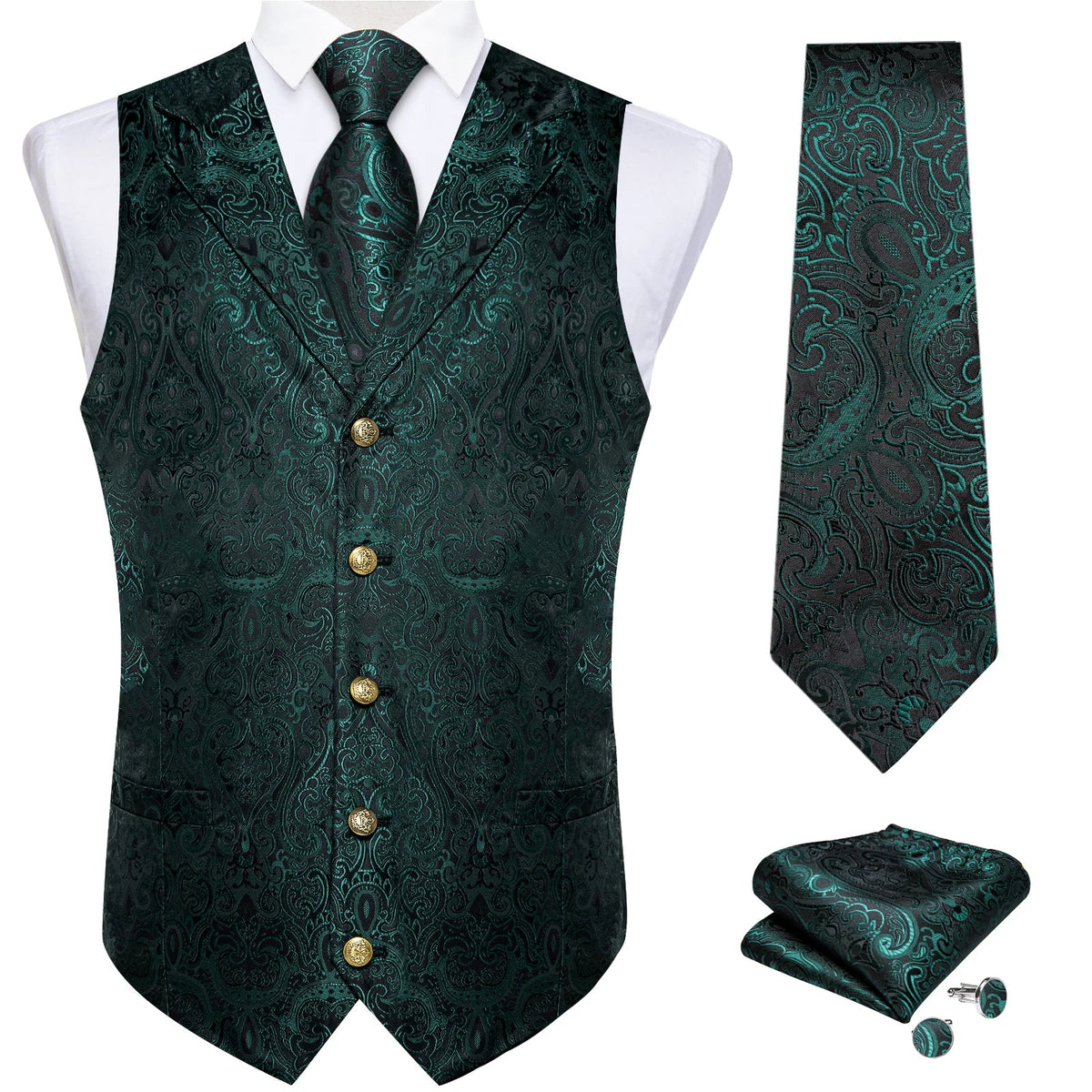 Men's Paisley Suit Vest – Single-Breasted Waistcoat with Tie, Handkerchief & Cufflinks for Weddings & Banquets