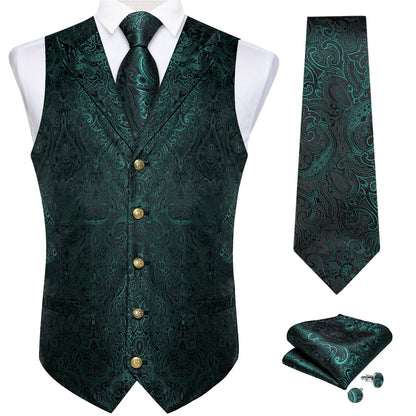 Men's Paisley Suit Vest – Single-Breasted Waistcoat with Tie, Handkerchief & Cufflinks for Weddings & Banquets