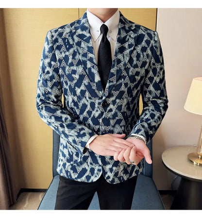 Jacquard Denim Korean Slim Fit Suit Coats 2025 New High Qualitys Fashion Men Slim Fit Business Formal Social Suit Jacket 4XL-M