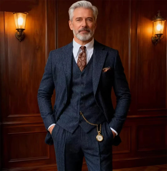 Men's Herringbone 3-Piece Suit – Jacket, Vest & Trouser for Wedding & Formal Events