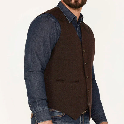 Men's Suit Vest – Herringbone Weave, Single Button, V-Neck, Wedding & Business Formal
