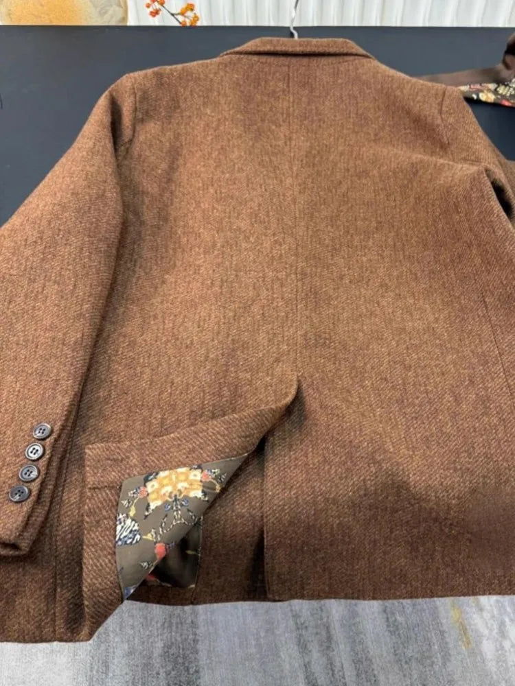 Autumn Office Ladies Work Mid Long Loose Fit Woolen Blazer Jacket Single Breasted Women Vintage Business Casual Suit Coat Blazer