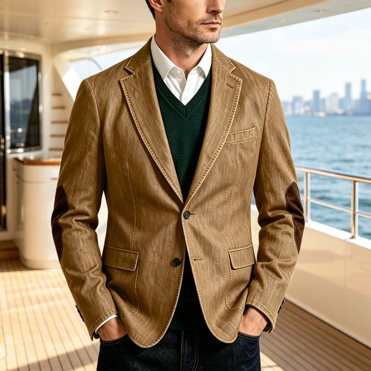 Men's Denim Blazer Suit with Suede Elbow Patches – Slim Fit, Casual & Business Wear