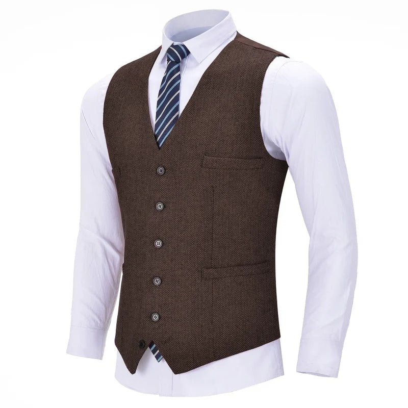Men's Herringbone Vest Single Breasted Formal Waistcoat for Weddings and Business