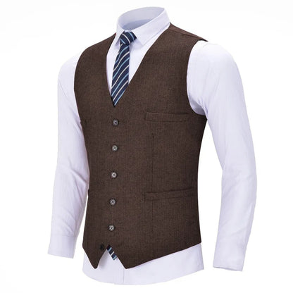 Men's Herringbone Vest Single Breasted Formal Waistcoat for Weddings and Business