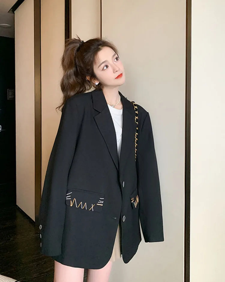 Spring Autumn New Women's Blazer Notched Collar Single Breasted Pockets High-End Elegant Fashion Office Lady Jacket HK13904