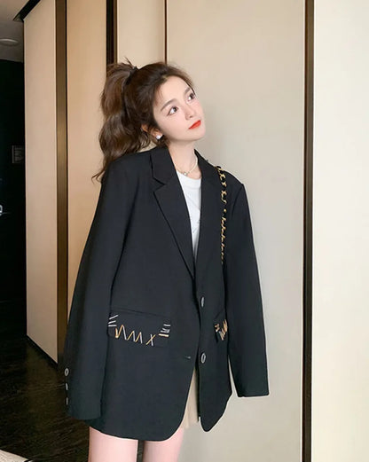 Spring Autumn New Women's Blazer Notched Collar Single Breasted Pockets High-End Elegant Fashion Office Lady Jacket HK13904