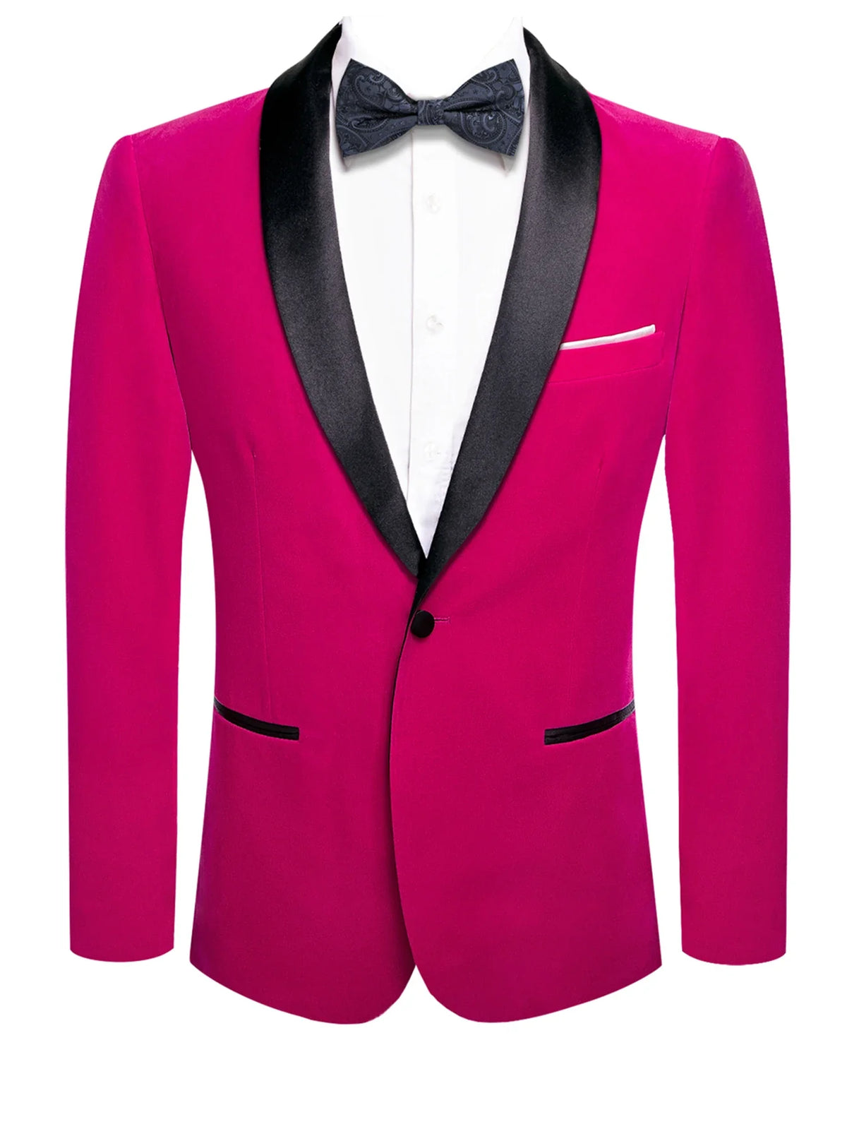 Fuchsia Solid Mens Tuxedo Blazer, Black Satin Shawl Lapel Single Button Slim Jacket for Wedding Banquet Stage Party