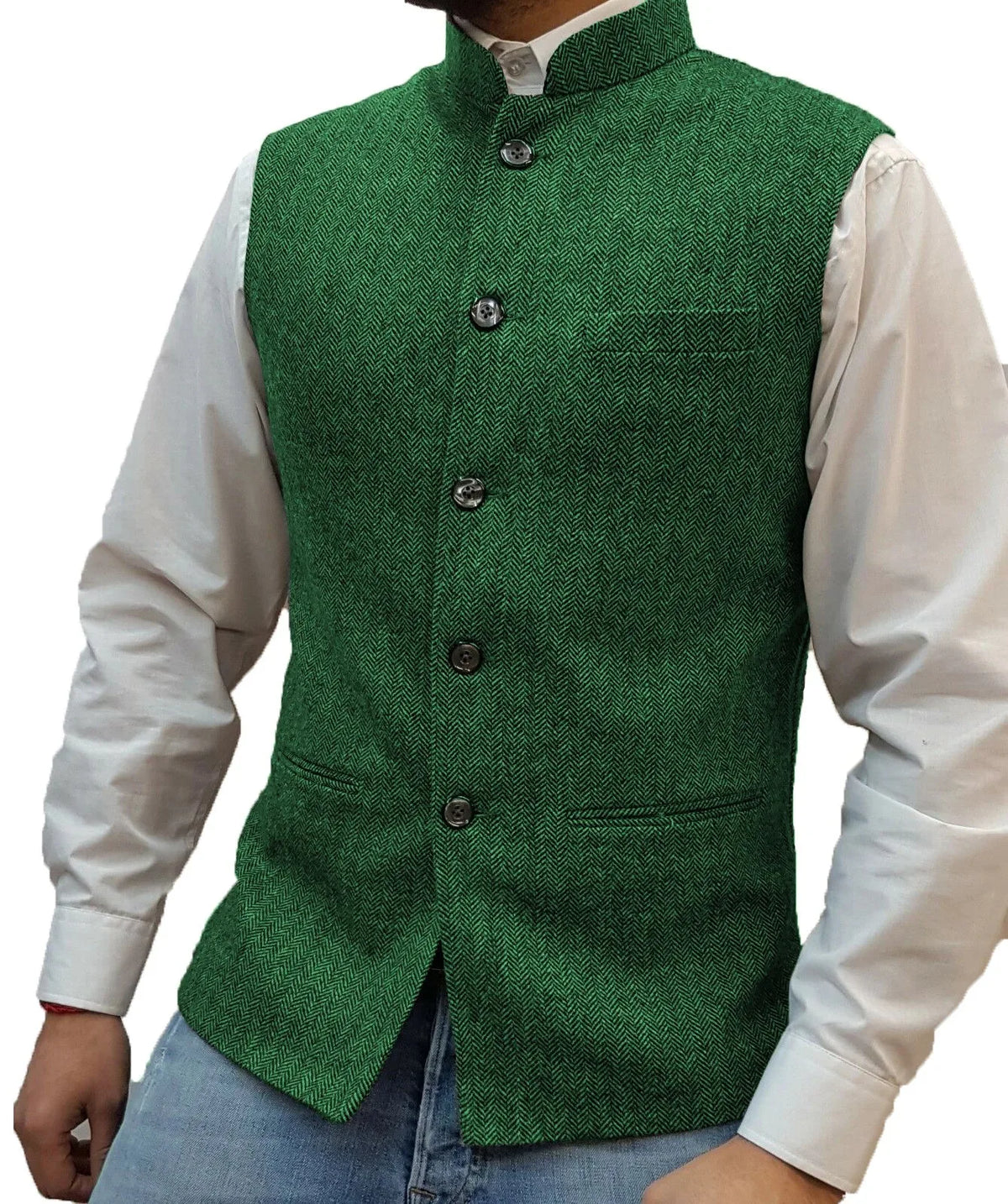 Men's Vest Standing Collar Herringbone Woolen Blend Single Breasted Waistcoat for Business & Casual Wear