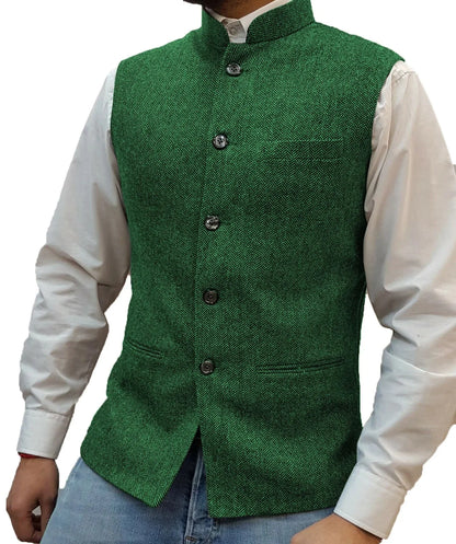 Men's Vest Standing Collar Herringbone Woolen Blend Single Breasted Waistcoat for Business & Casual Wear