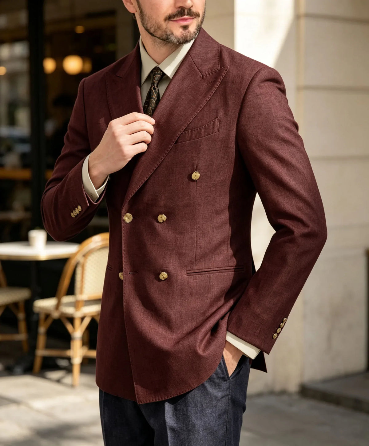 Burgundy Linen Blend Double Breasted Men's Blazer Peak Lapel Slim Fit Tailored Formal Men Suit Jacket For Wedding Groom Business