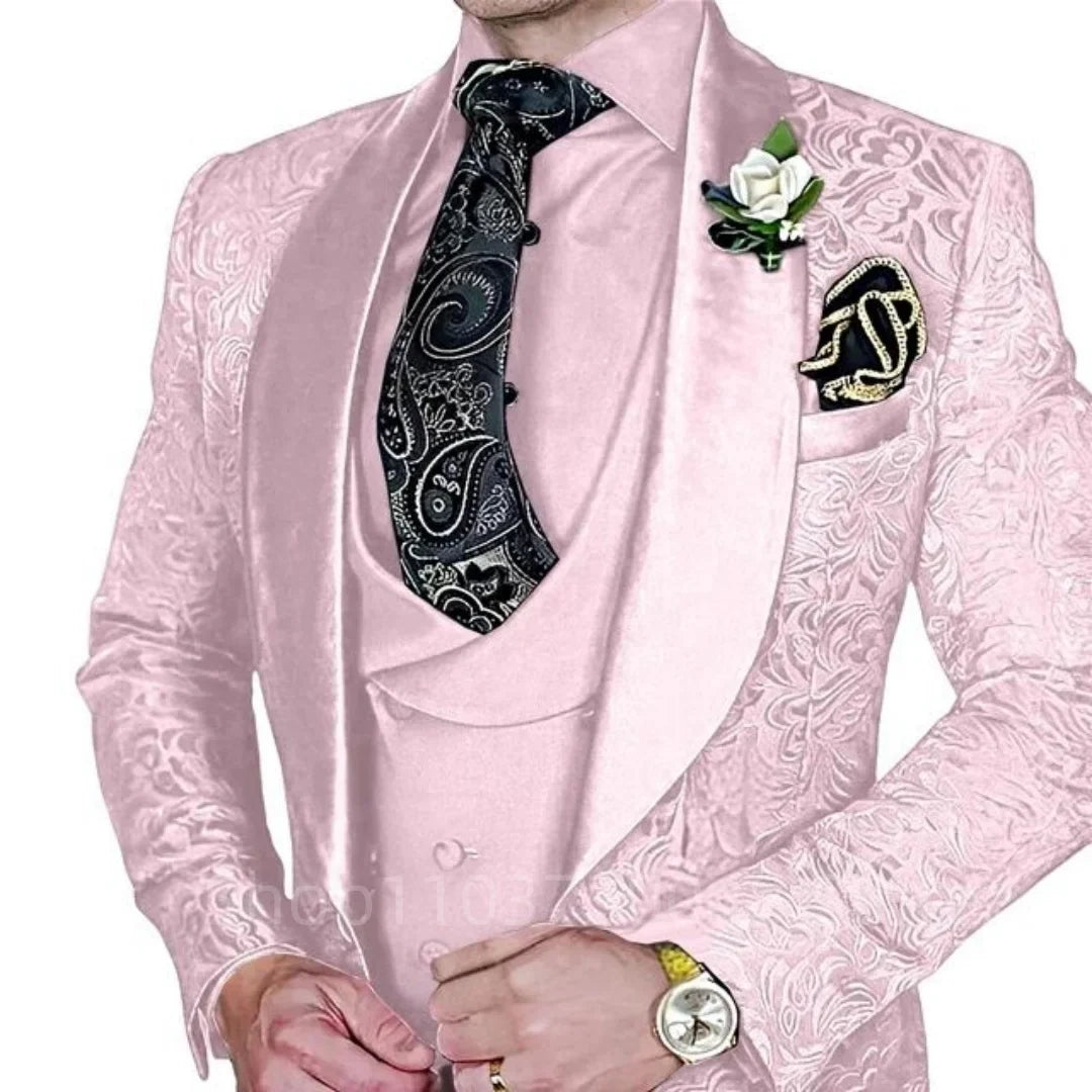 Fashion Jacquard 3-Piece Men's Tuxedo Suit with Shawl Lapel Slim Fit Blazer Vest Pants for Business Wedding Prom Party