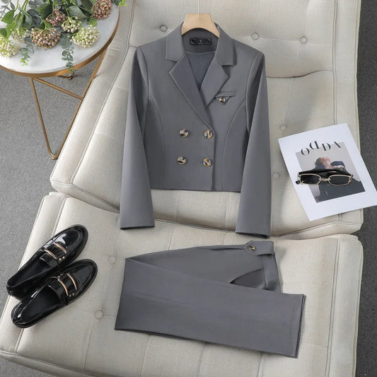Spring Autumn Solid Women Suits Office Sets 2024 New Fashion Double Breasted Short Blazers Casual High Waist Pencil Pants Suits