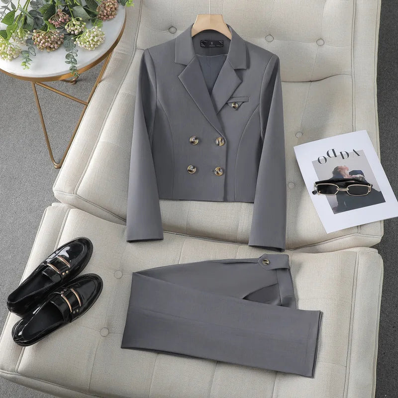 Spring Autumn Solid Women Suits Office Sets 2024 New Fashion Double Breasted Short Blazers Casual High Waist Pencil Pants Suits