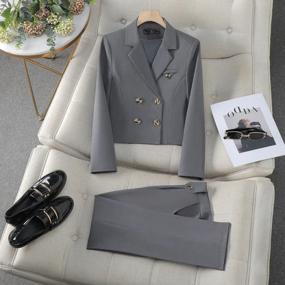 Spring Autumn Solid Women Suits Office Sets 2024 New Fashion Double Breasted Short Blazers Casual High Waist Pencil Pants Suits