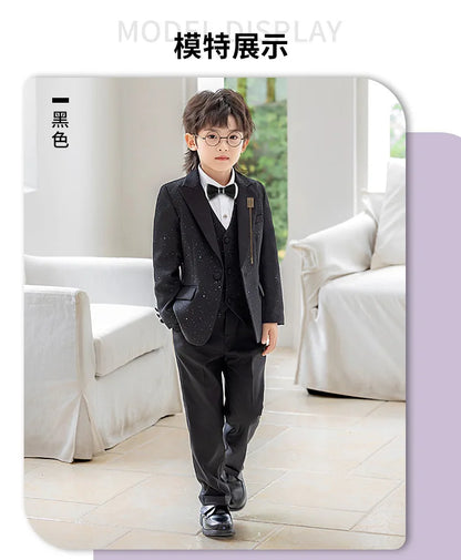 High Quality Boys Shiny Wedding Suits Kids Morning Coat Formal Dress Child Tuxedos Blazer Clothes Sets Toddler School Uniforms