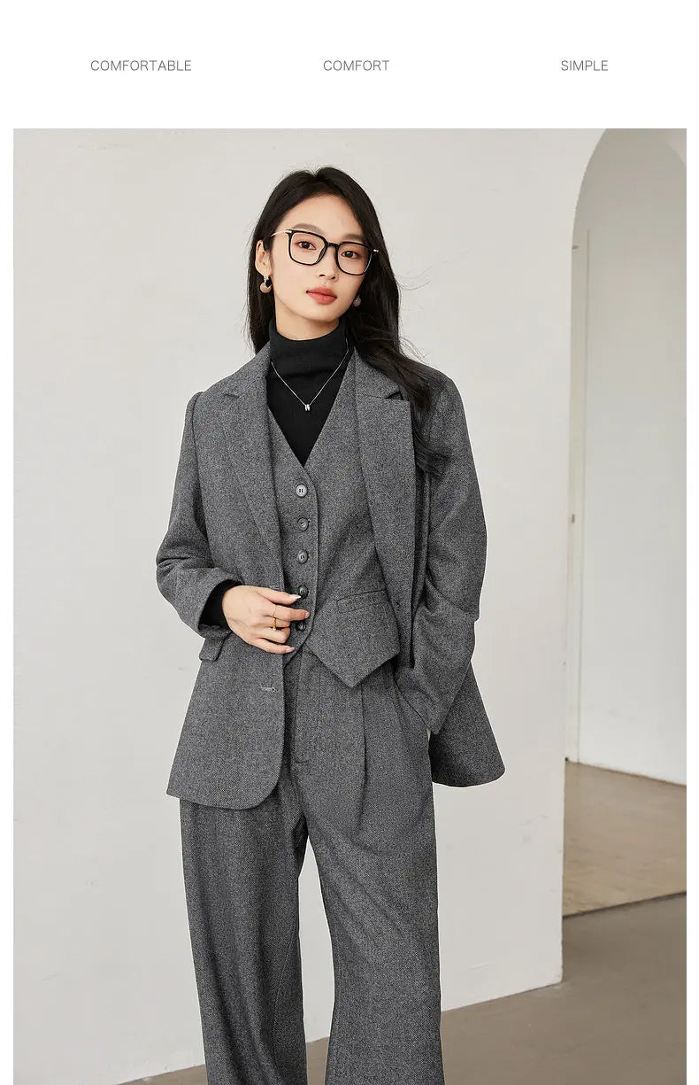 Dark Gray Wool Blend Blazer 2026 Autumn Winter New Fashion Office Lady Elegant Coat Casual Loose-fit Female Jackets M9353