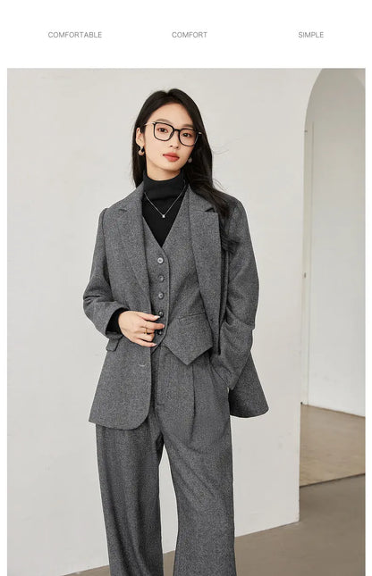 Dark Gray Wool Blend Blazer 2026 Autumn Winter New Fashion Office Lady Elegant Coat Casual Loose-fit Female Jackets M9353