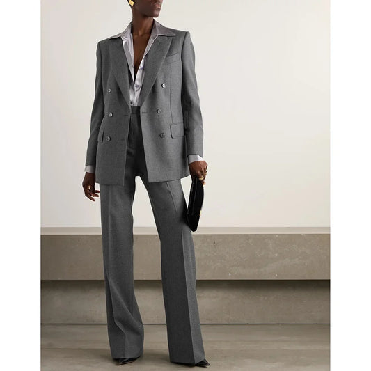 Fashion Grey Double Breasted Women Pants Set High-end Female Two Pieces(Jacket+Trousers)أطقم بناطيل