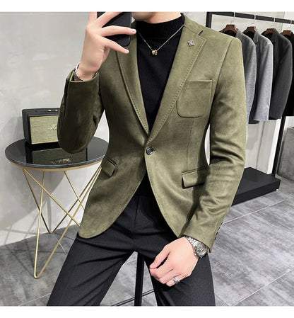 2023 Spring Suede Suit Jacket Men Casual Business Slim Fit Blazer Deerskin Leather Jacket Men Wedding Street Wear Social Coat