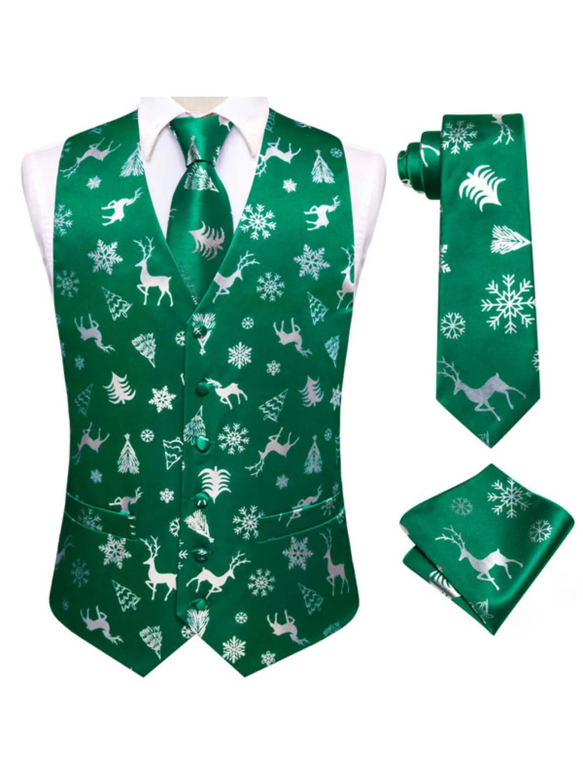 Men's Christmas Print Vest 3-Piece Set with Tie and Pocket Square for Holiday Parties