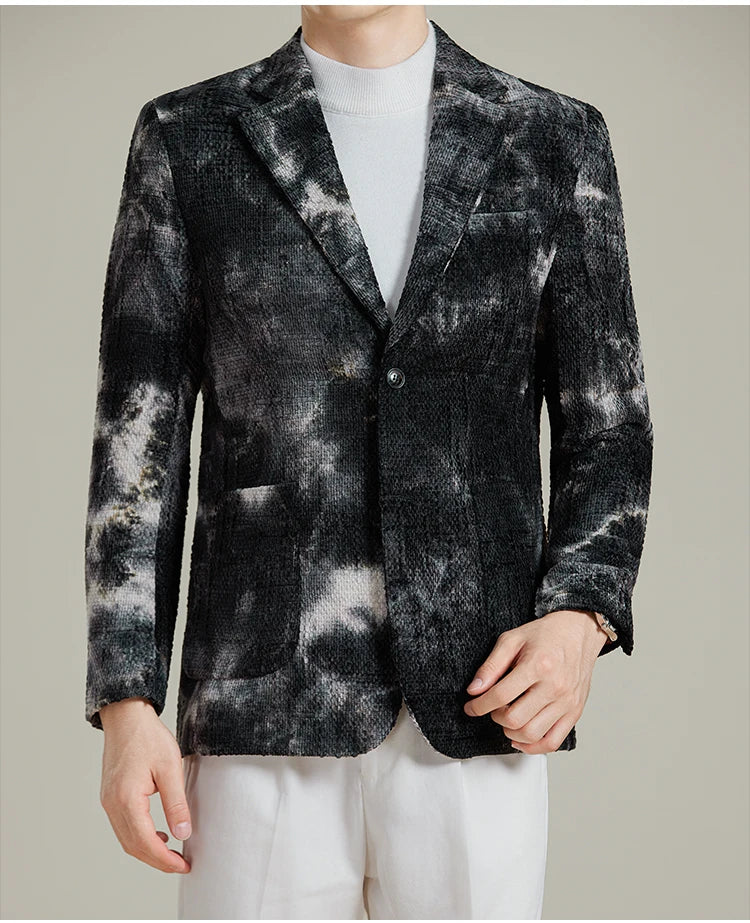 Autumn Korean Slim Fit Suit Jacket for Men Tie Dye Chenille Fashion Casual Suit Jacket Warm Business Social Formal Men Blazers