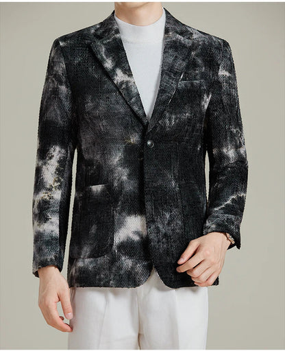 Autumn Korean Slim Fit Suit Jacket for Men Tie Dye Chenille Fashion Casual Suit Jacket Warm Business Social Formal Men Blazers