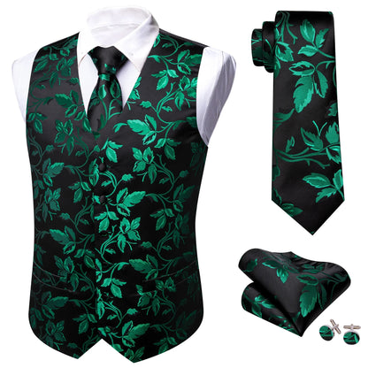 Vest Men Formal Green Floral Dobby Waistcoat Wedding Party Suit Set