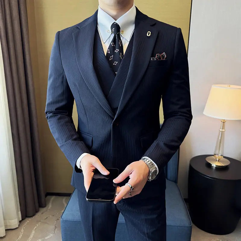 Men's Slim Fit 2-Piece Suit – Striped Single-Breasted Blazer and Trousers for Wedding, Business & Formal Wear