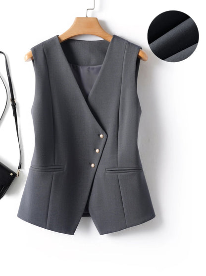 Short V-Neck Suit Vest for Women, Spring and Autumn Slant-Buttoned Top, Perfect for Office Wear and Versatile Vest