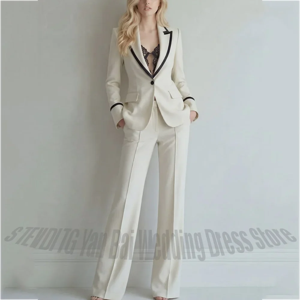 Blush Pink Women Pants Suit With Black Trim Single Button Peaked Lapel Blazer Outfit Elegant Formal Office Party Two Piece Set
