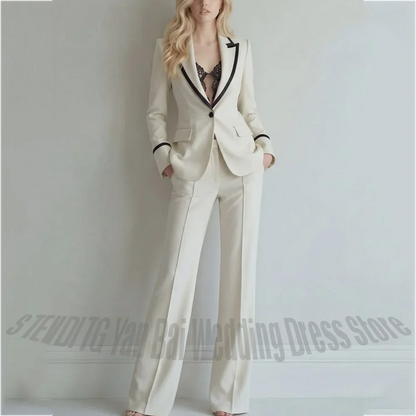 Blush Pink Women Pants Suit With Black Trim Single Button Peaked Lapel Blazer Outfit Elegant Formal Office Party Two Piece Set