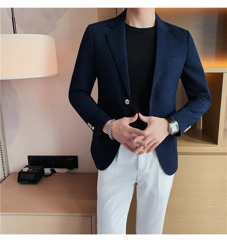 2025 Spring New Waffle Suit Coats Men Slim Fit Business Casual Blazer Jacket Homme Formal Groom Prom Wedding Tuxedo 4XL-M