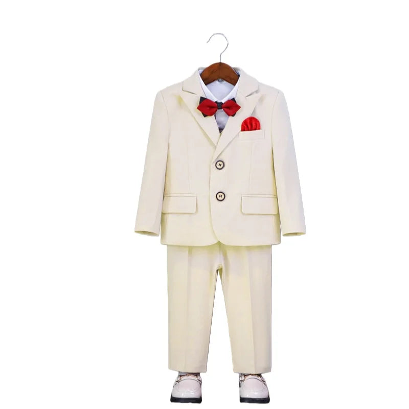 Boys Slim Fit Suit Set Kids Wedding Birthday Outfit Children's Performance Costume With Jacket Vest Pants Bowtie+Pocket Towel