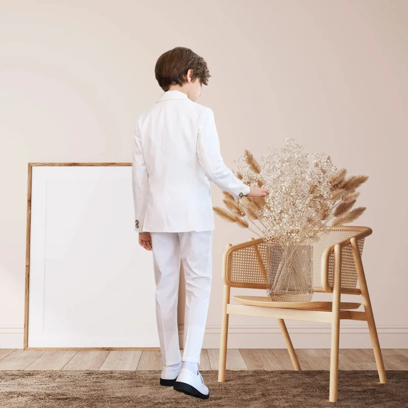 Kids White Suit Set Boy Formal Wedding Birthday Party Wear Children's Jacket Vest Pants Bowtie+Pocket Towel 5Pieces Clothes Set
