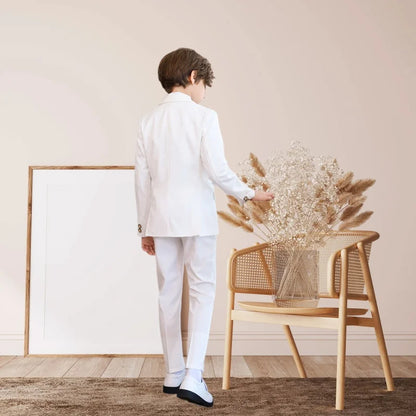 Kids White Suit Set Boy Formal Wedding Birthday Party Wear Children's Jacket Vest Pants Bowtie+Pocket Towel 5Pieces Clothes Set