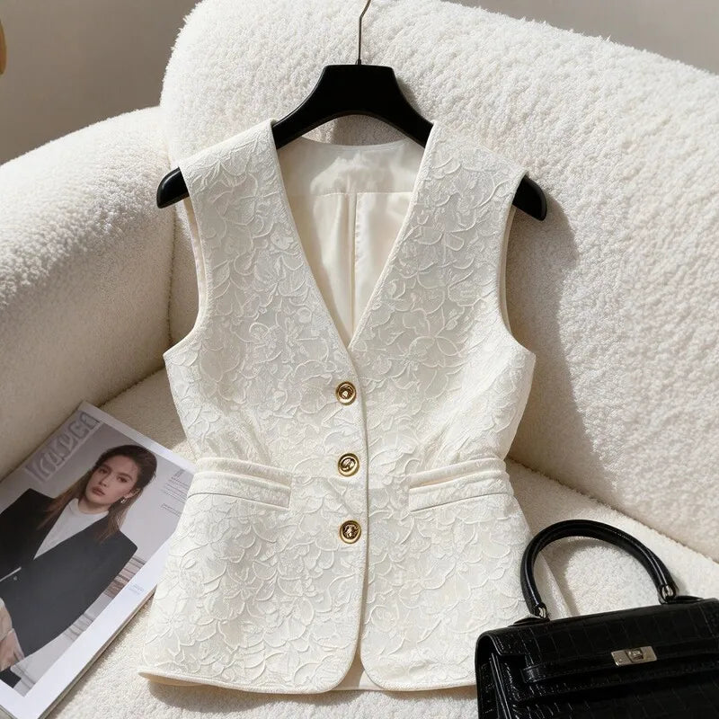 Elegant White Jacquard Waistcoat Vest For Women V‑neck Fit Waist Decorative Sleeveless Blazer Office Commuter Tailored Outerwear