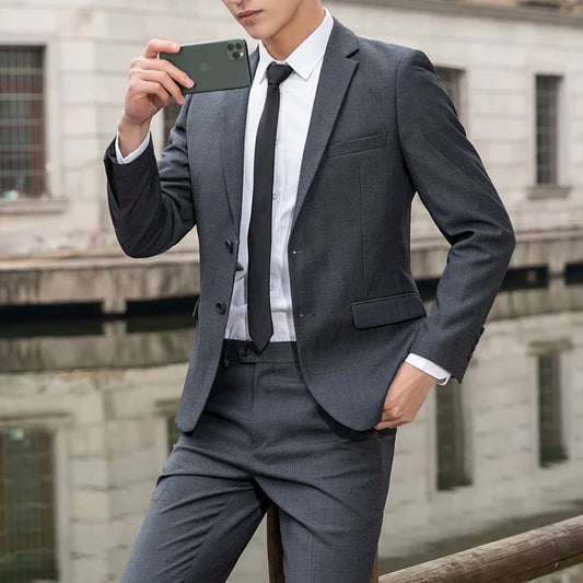 Men's Slim Fit Formal Suit – Solid Color Business Blazer & Pants Set for Weddings & Casual Wear