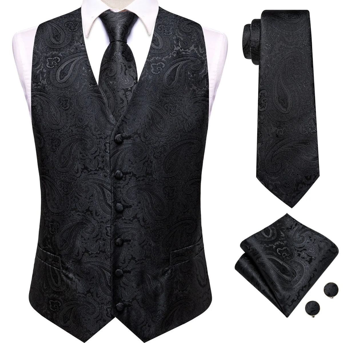 Men's Vest 4-Piece Set Golden Paisley Floral Formal Waistcoat for Wedding & Party