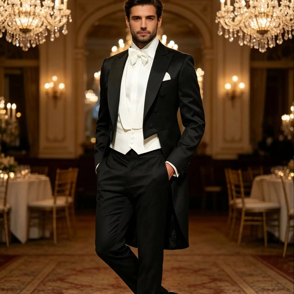 Mens Tuxedo Tailcoat Formal Dress Suits Swallow Tail Coat Black Male Jacket Vest Pants Party Wedding Dance Magic Performance