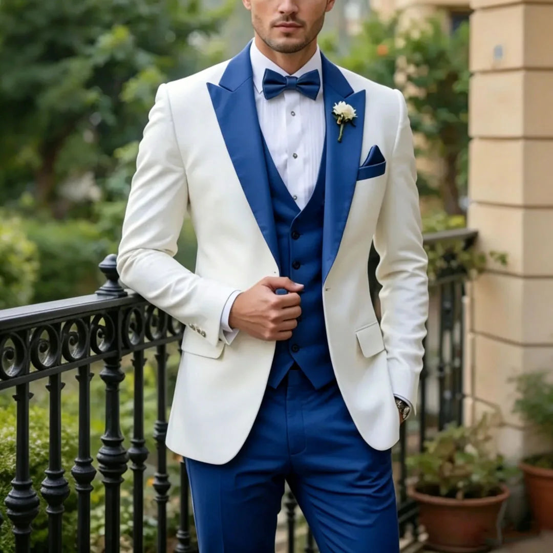 Men Suit Cream 3 Pieces Single Button With Lapel For Wedding Birthday Banquet Party Business Work Office Jacket Vest Pants