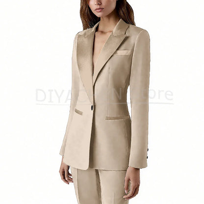 Pants Sets 2 Piece Fashion Satin Peak Lapel Single Button Solid Color Outfits Chic Casual Slim Daily Office Women's Suit
