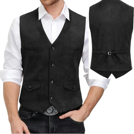 Men's Suede V-Neck Vest Single Breasted Smart Casual Waistcoat with Pockets