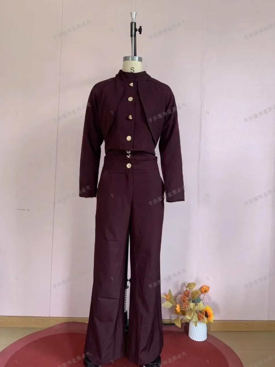 Casual Denim Pants Suits Women Slim Short Sleeves Stand Collar Waist-cinching Tops Wide-leg Trousers 2026 New Lady Spring Outfit