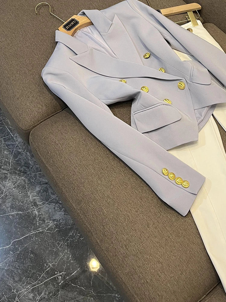 Business Commute Style Women's Long Sleeve Double-Breasted Suit Slim Fit Waist-Cinching Outerwear Fashion D9986