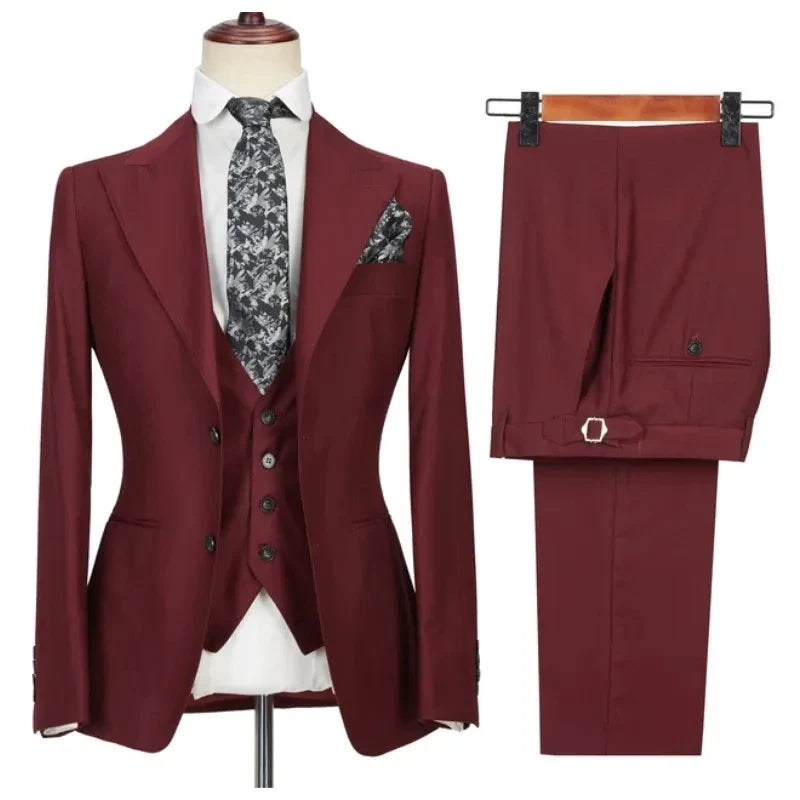 Navy Men's Suits 3 Pieces Side Slit Peaked Lapel Man Clothing Business Formal Wedding Groom Prom Dress Wear Blazer+Vest+Pants
