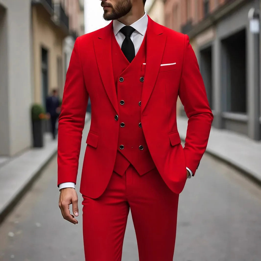 Solid Business Mens Suits Wedding Tuxedos Fashion Groom Outfit Slim Fit Peaked Lapel Prom Party Mens Suits(Jacket+Vest+Pants)