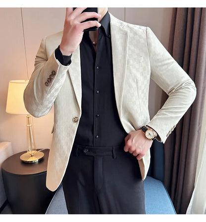 2024 Spring Plaid Blazers Men Single Breasted Casual Business Suit Jacket Fashion Slim Social Banquet Wedding Groom Dress Coats