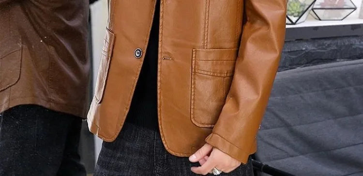 Men's Faux Leather Blazer Jacket Autumn Winter Warm Fleece Lined Casual Versatile Outerwear