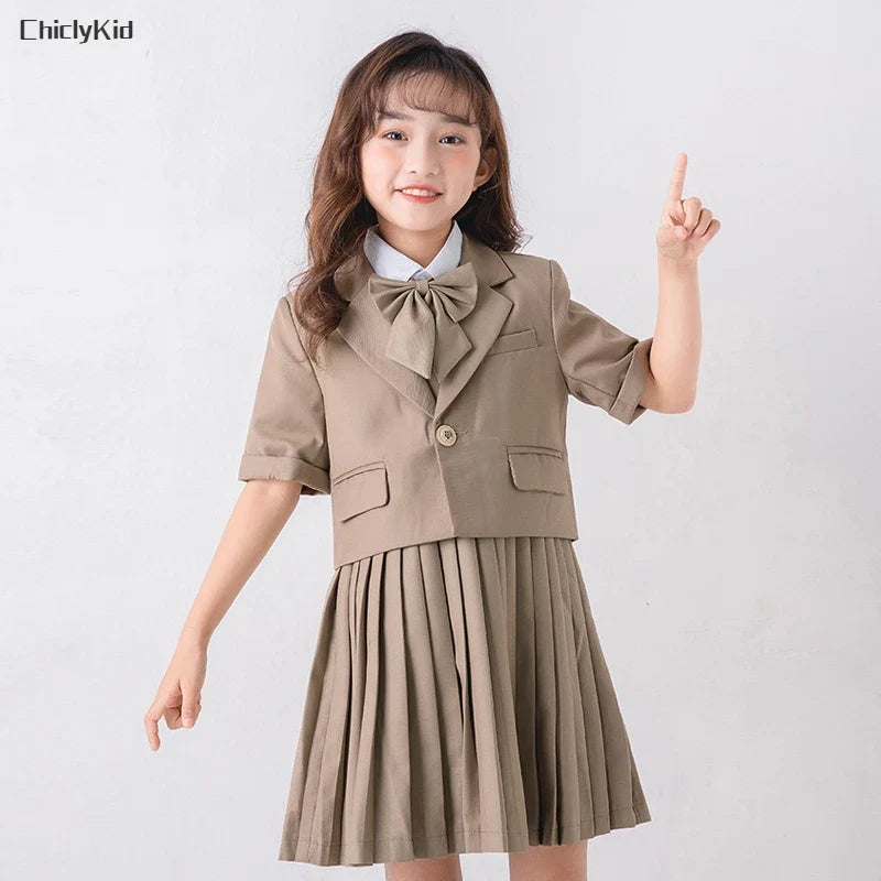 Child School Uniform Girls Korean Jacket Pleated Dress Summer Outfits Boys Blazer Formal Suits Shorts Kids Student Clothes Sets
